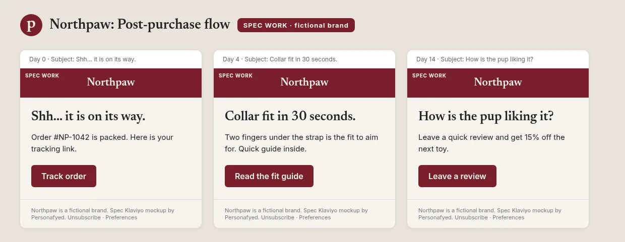 Spec Klaviyo mockup, Northpaw post-purchase flow: Shh... it is on its way. / Collar fit in 30 seconds. / How is the pup liking it?
