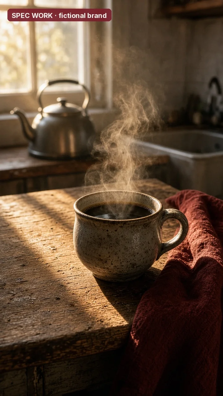 Spec concept still for Ember & Oak Coffee, a made-up brand: steam rising from a mug in low window light. SPEC WORK, fictional brand.