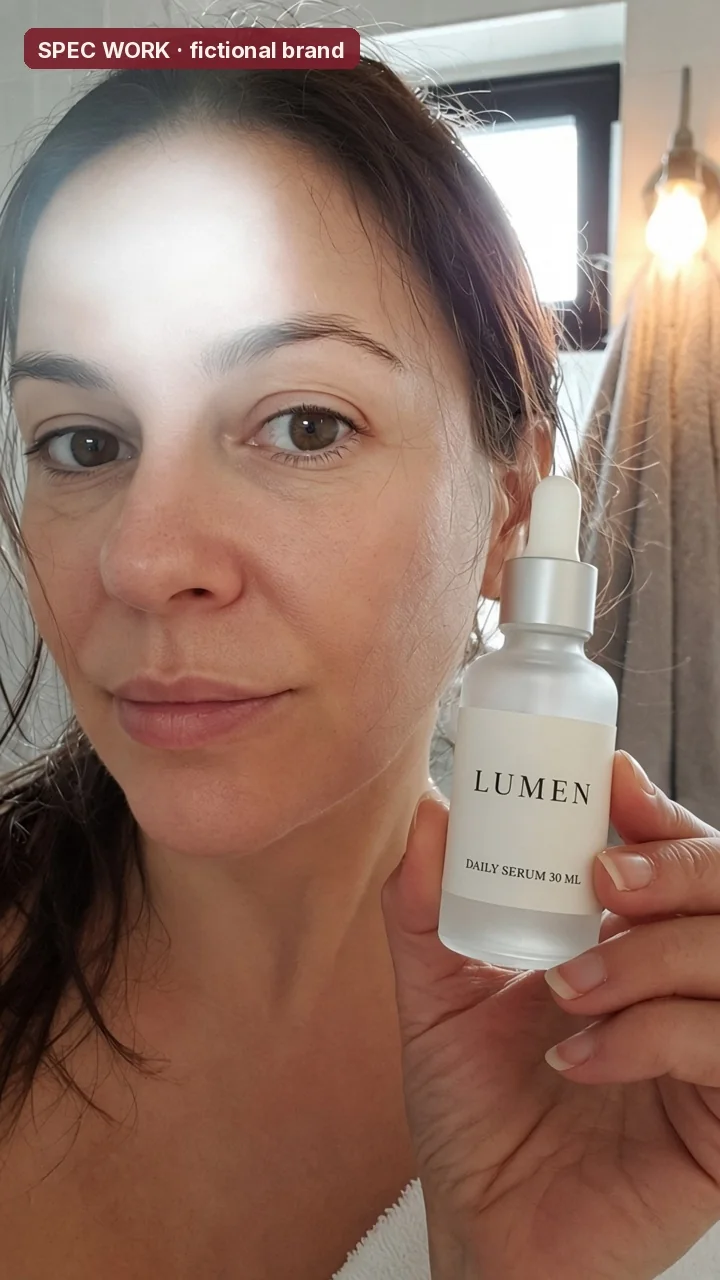 Spec concept still for Lumen Skin, a made-up brand: a woman holding a serum bottle up to the camera. SPEC WORK, fictional brand.