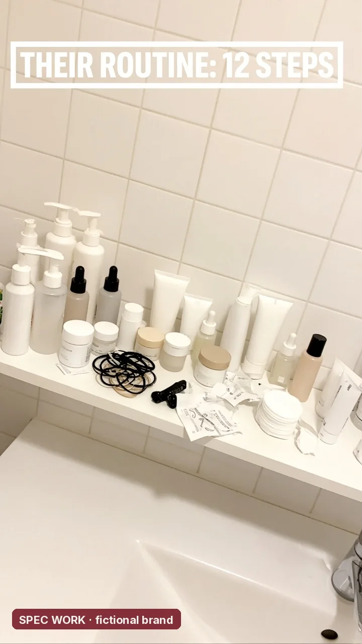 Spec concept still for Lumen Skin, a made-up brand: a crowded bathroom shelf under the headline 'Their routine: 12 steps'. SPEC WORK, fictional brand.