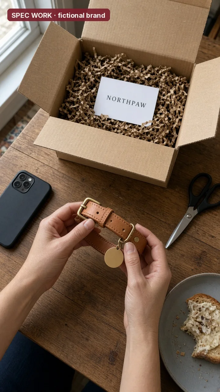 Spec concept still for Northpaw, a made-up brand: hands lifting a leather dog collar out of a shipping box. SPEC WORK, fictional brand.